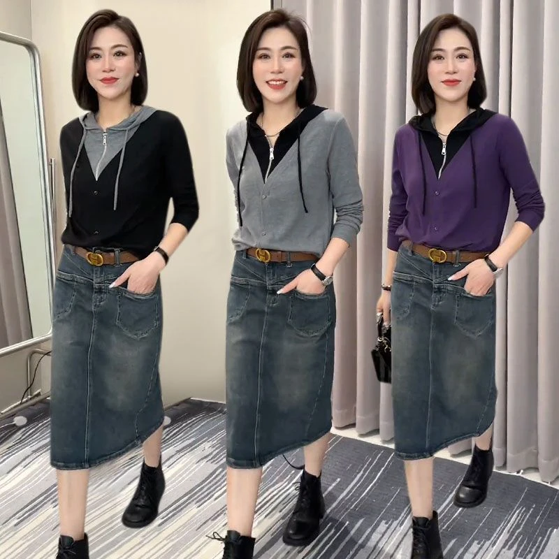 拼色拉链长袖卫衣牛仔半身裙套装女2025春秋季新款百搭显瘦两件套