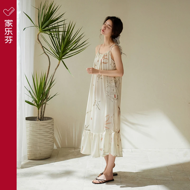家乐芬睡裙女睡衣夏季夏款冰丝吊带长裙带胸垫薄款连衣裙