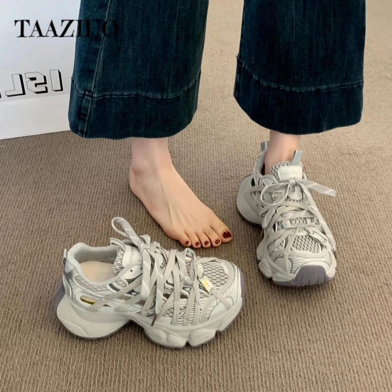 TAAZIEO厚底老爹鞋子女2025新款爆款夏季百搭网面透气休闲运动鞋
