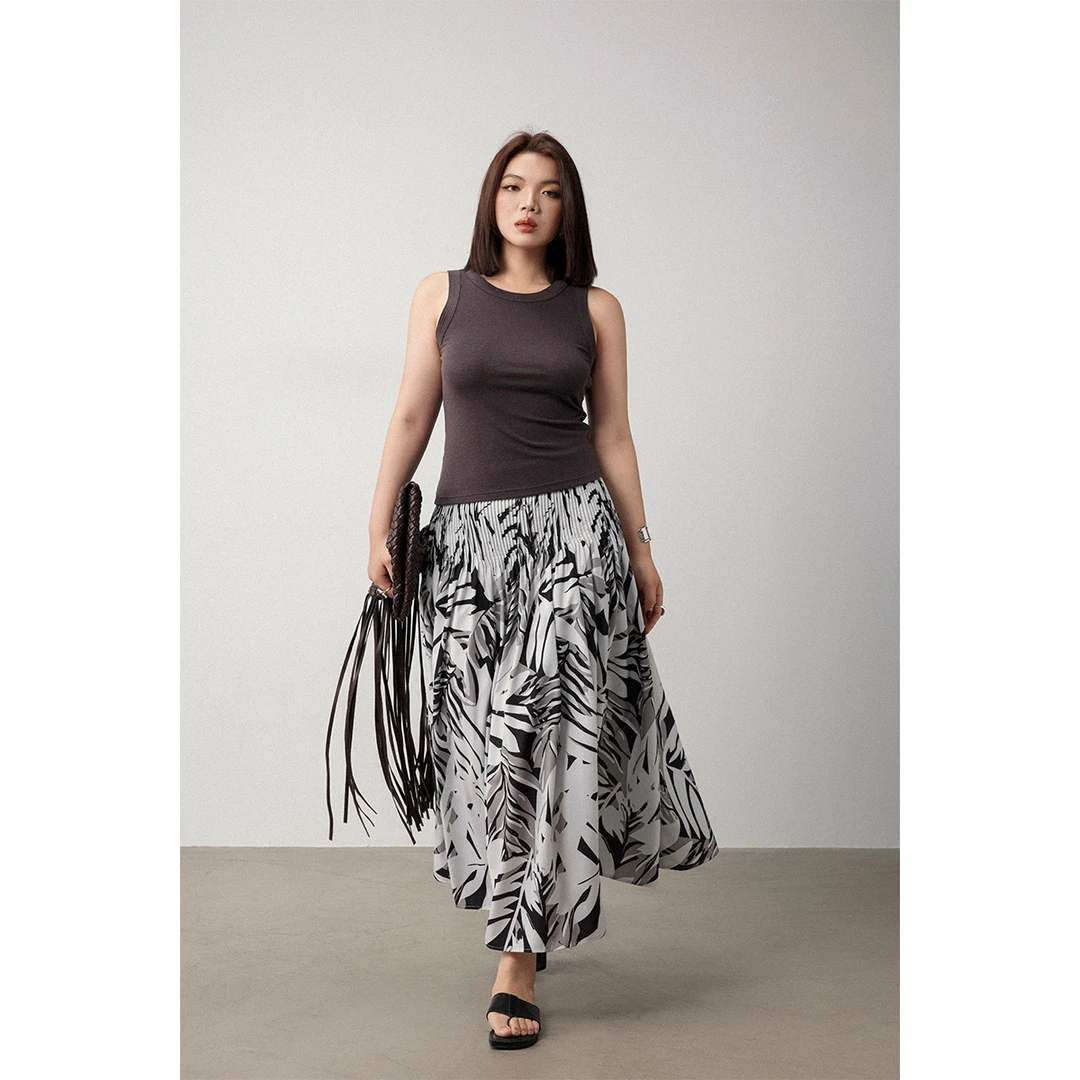 PLUSMALL 椰岛树影夏季重工竖条打褶度假风印花半身裙PLUS2505081