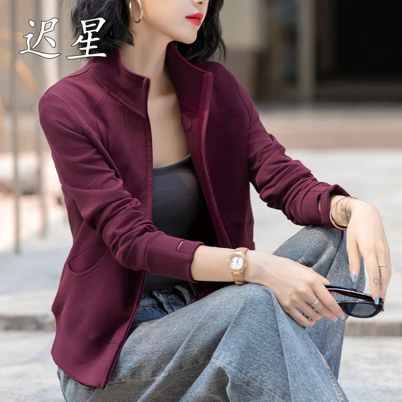 加厚秋冬款半高领拉链开衫套手指长袖女立领外套休闲百搭外穿上衣