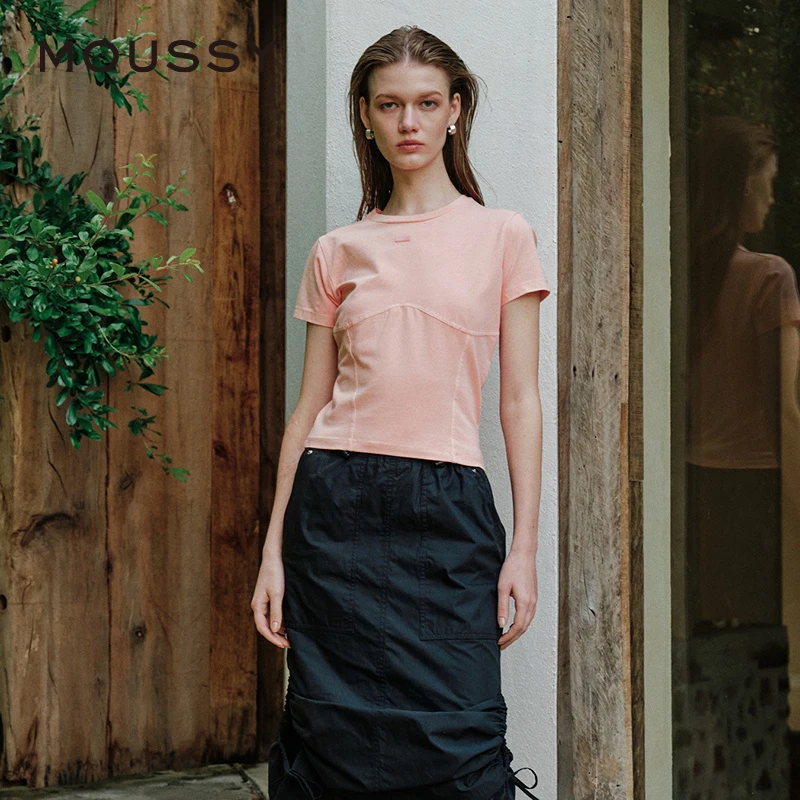 MOUSSY 2024夏季新品休闲通勤风多色鱼骨短袖T恤女010HSL90-0570