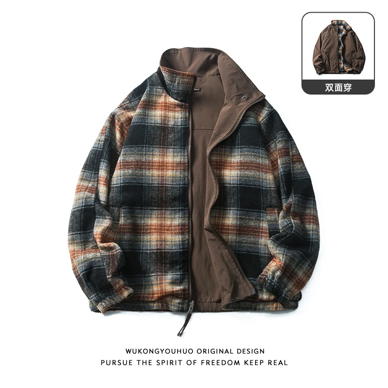 悟空有货复古撞色格子双面穿立领夹克男秋季潮牌宽松情侣百搭外套
