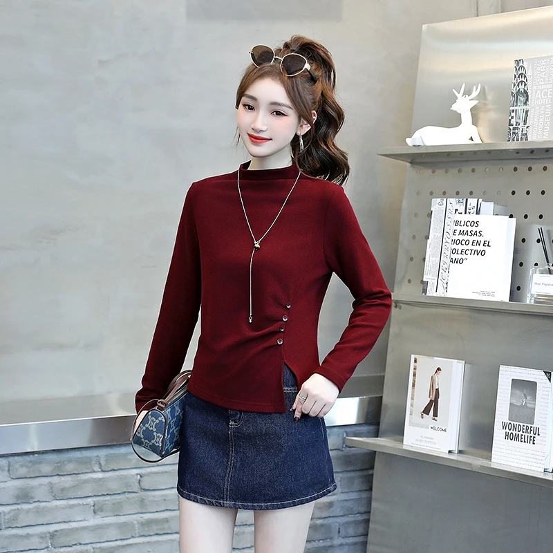 巨好看半高领打底衫女2025秋冬款修身磨毛加厚不对称内搭T恤上衣