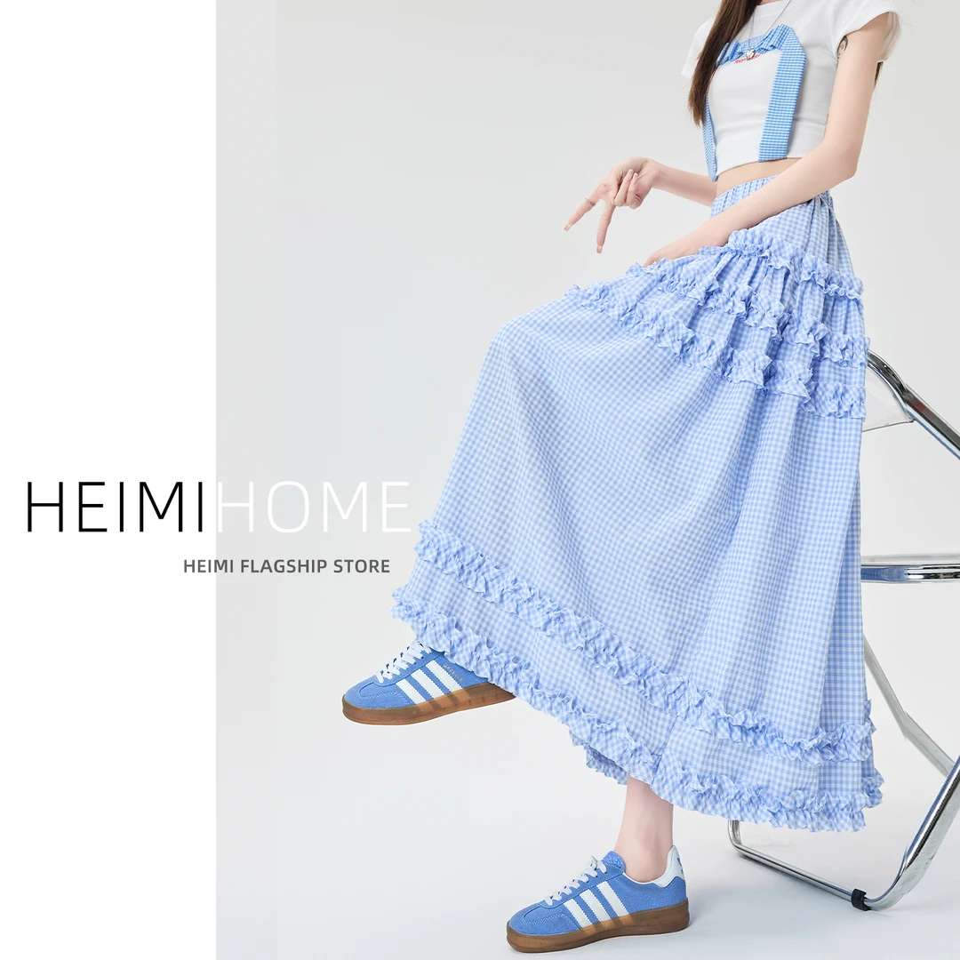 温柔风蓝色木耳边半身裙女夏薄款中长款a字大摆裙高腰格子蛋糕裙