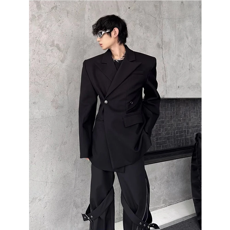 小众设计款收腰垫肩西装外套男春秋季韩系高级感黑色休闲西服夹克