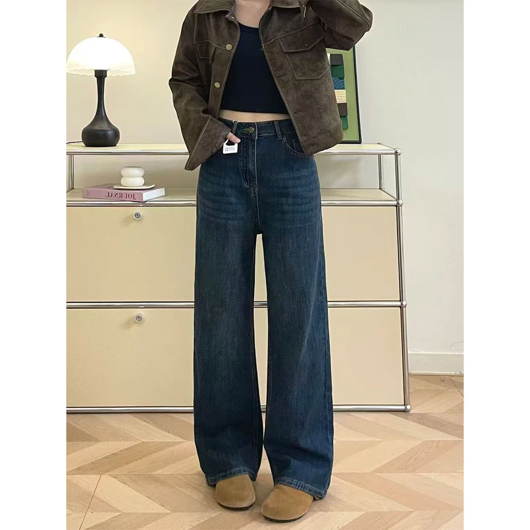 窄板阔腿牛仔裤女秋季新款大码梨形身材胖mm高腰显瘦直筒拖地长裤