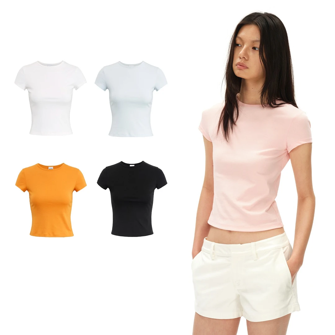 SMIIILE多巴胺纯棉修身显瘦短袖t恤衫女夏液态感正肩圆领短款上衣