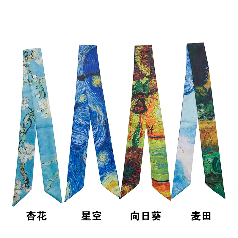 梵高麦田杏花星空油画细长条窄小丝带绑包包手柄丝巾发带领巾腰带