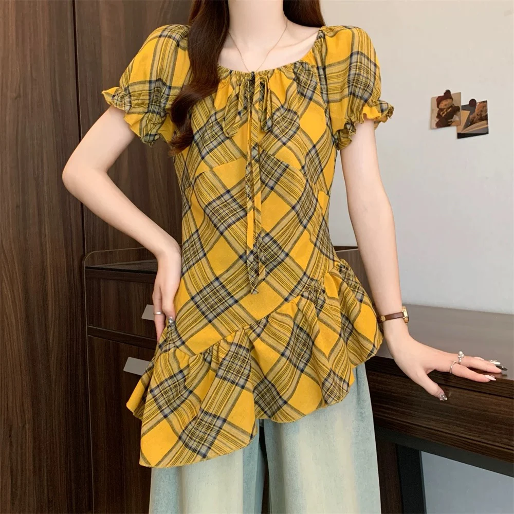 夏季女士黄色格纹喇叭袖正肩不规则荷叶边短袖衬衫