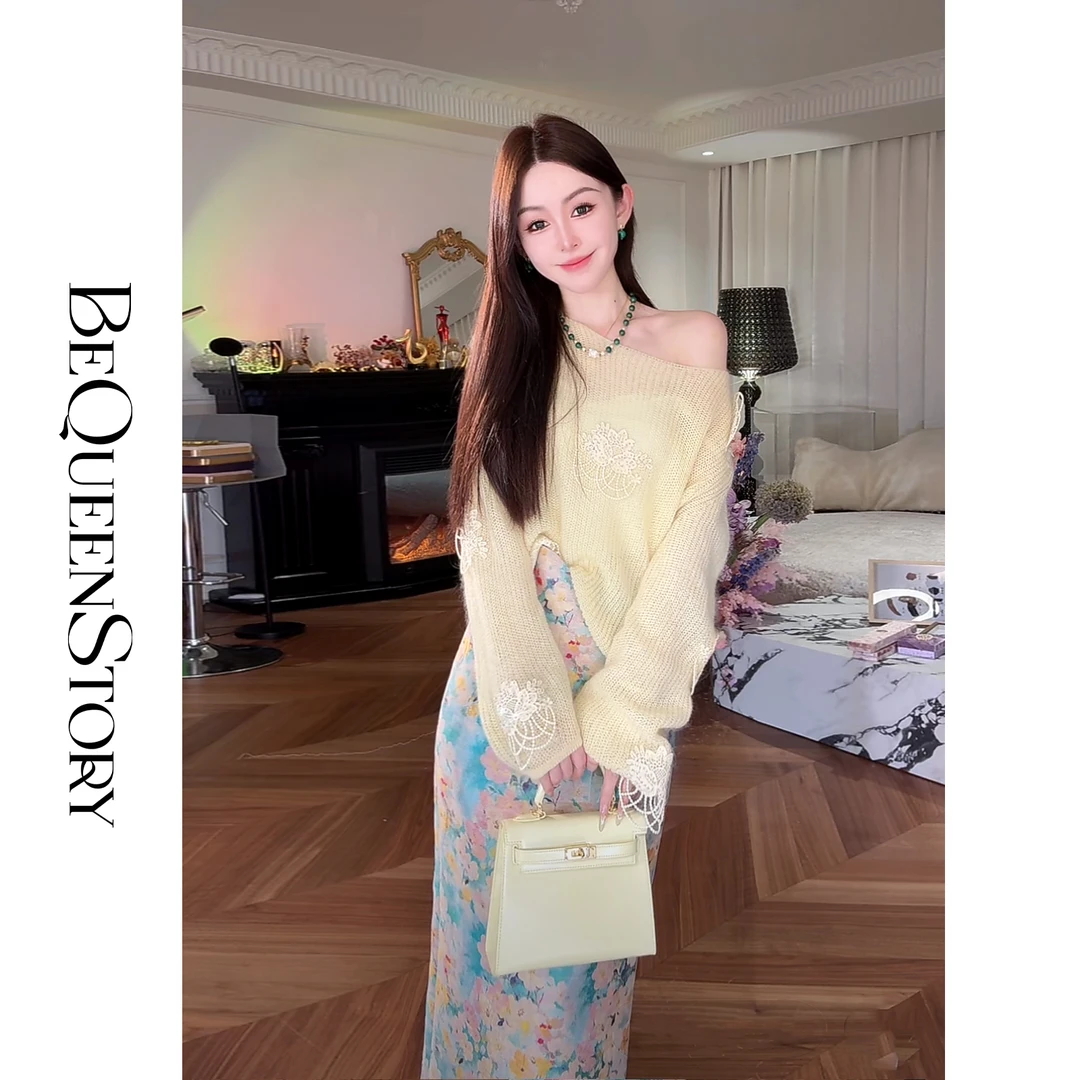 余潇潇【闺蜜茶话会】马海毛立体对色贴花圆领套头毛衫2025早秋