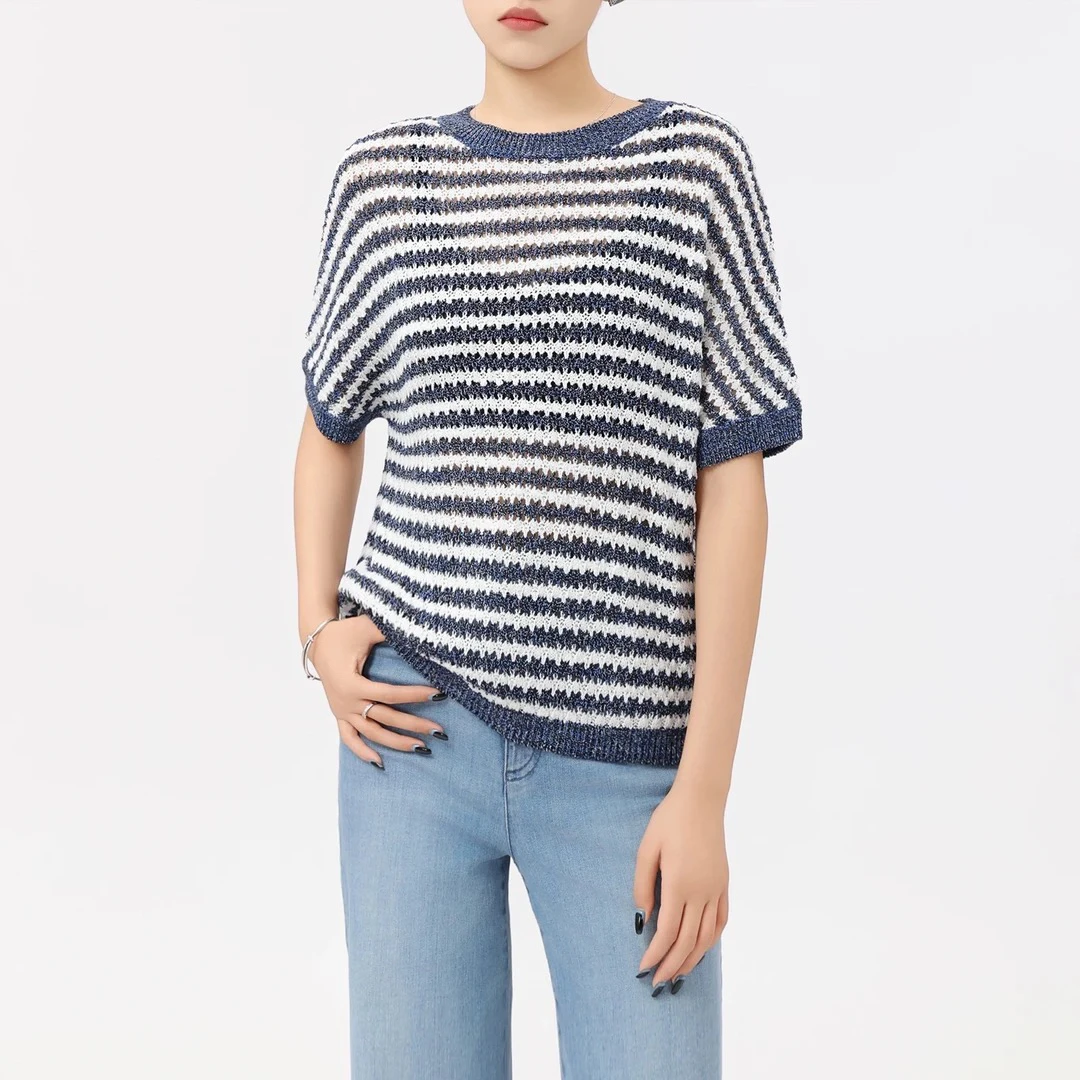 AMASS/阿玛施夏天基础百搭宽松圆领撞色条纹针织T恤上衣女5399700