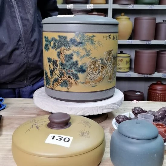 紫砂茶叶罐处理七饼直筒老虎图紫砂茶叶罐204