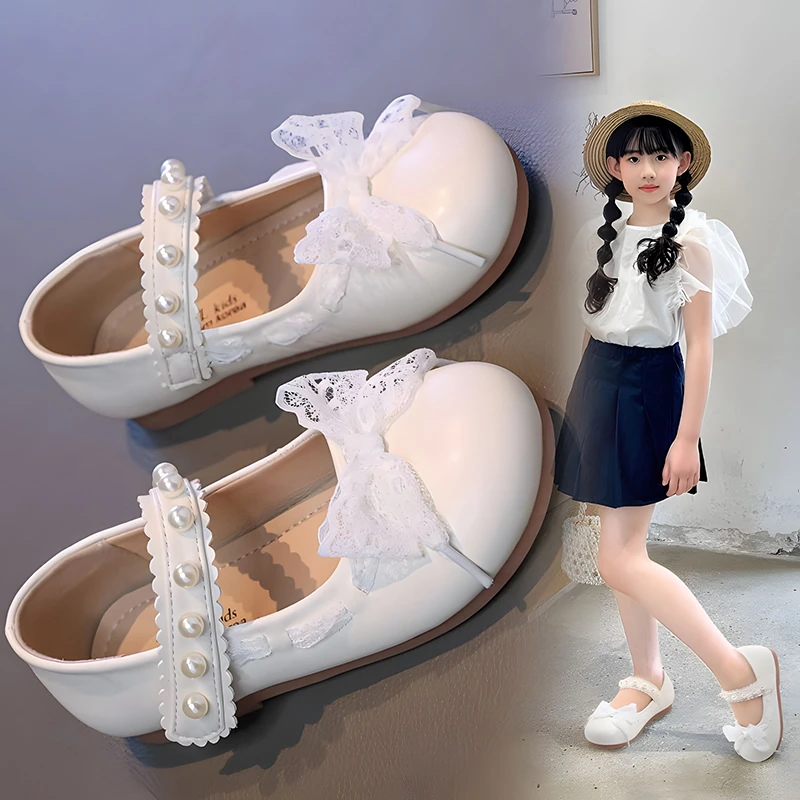 女童皮鞋宝宝蕾丝珍珠公主鞋2025春秋新款小女生百搭公主风小皮鞋