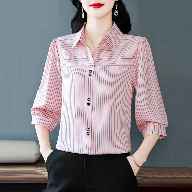 时尚七分袖条纹雪纺衬衫女夏季新款减龄妈妈上衣洋气宽松休闲衬衣