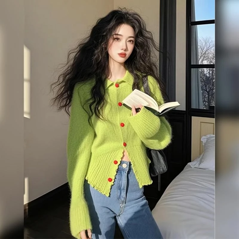 慵懒风翻领宽松毛衣针织开衫女2025年春季新款设计感百搭气质上衣
