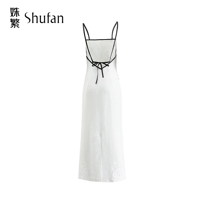 姝繁 网纱白底印花露背性感气质新中式时尚吊带连衣裙 SKWFR1L693
