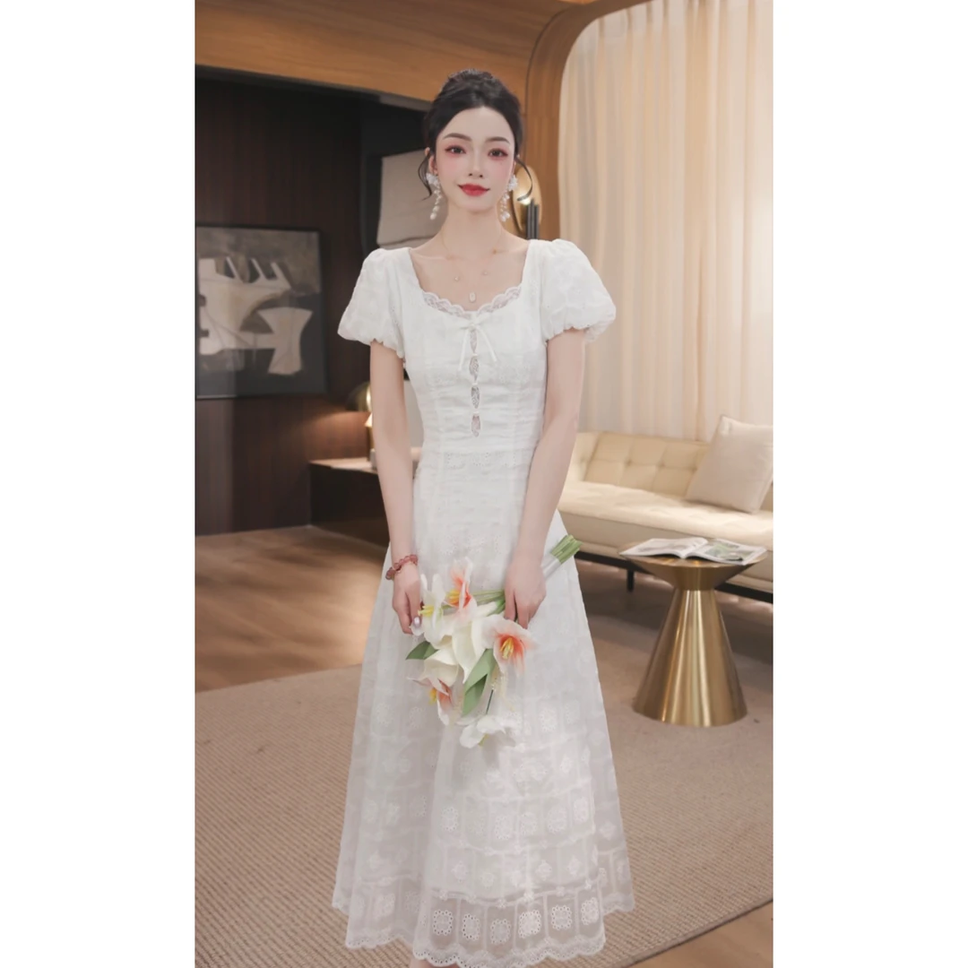 WWR 米粒-【方糖奶酪】法式白色慵懒精致温柔风连衣裙-55306Y