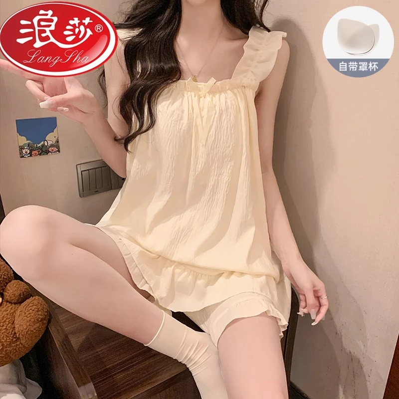 浪莎带胸垫吊带睡衣女夏季日系可爱性感花边短袖短裤春秋家女士