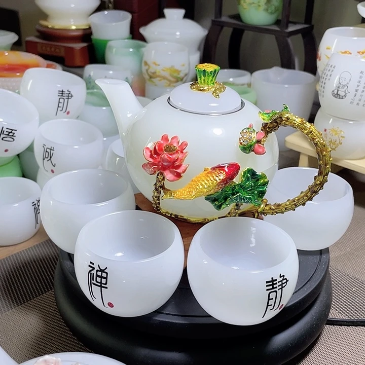 琉璃中式珐琅彩年年有余一壶六杯礼盒套装