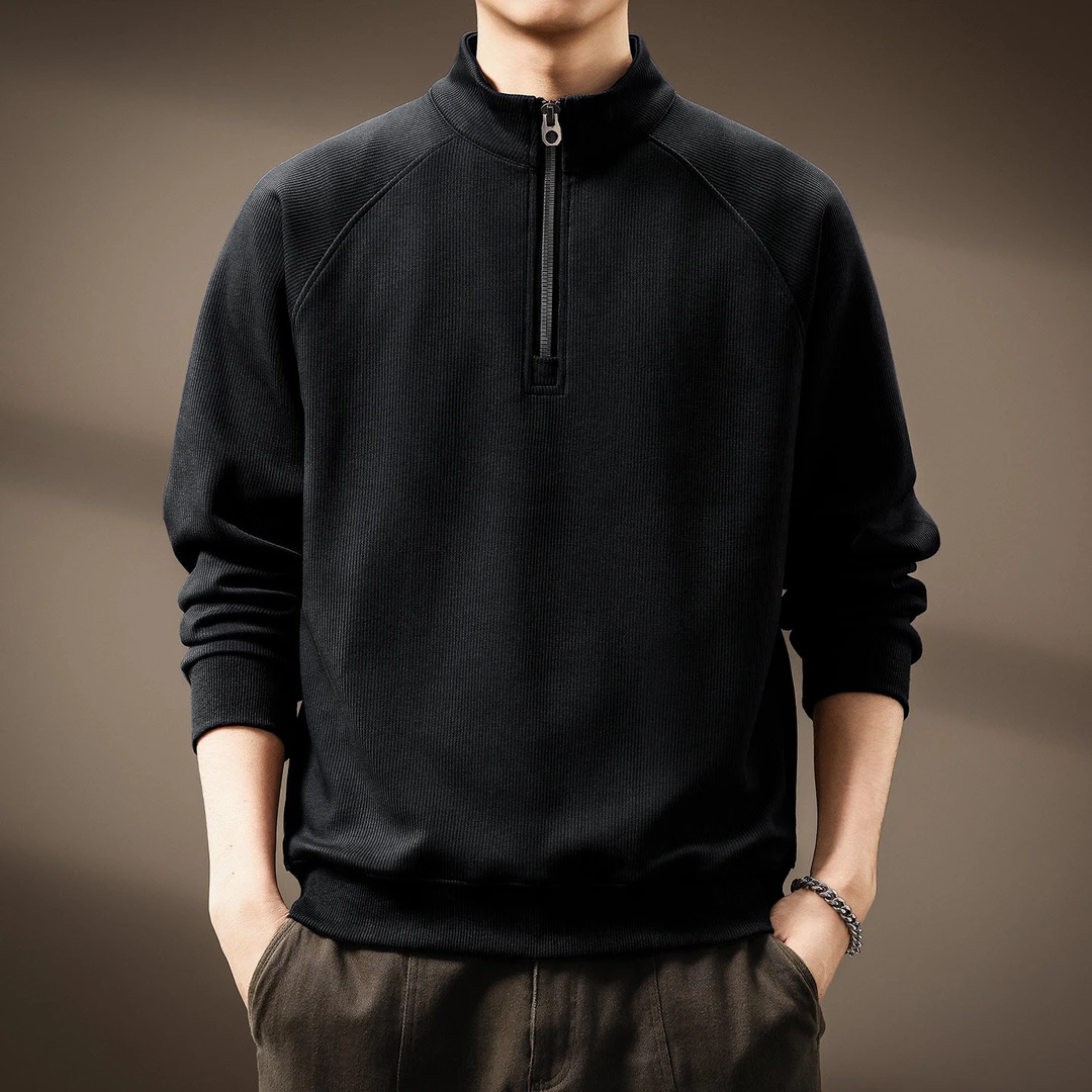 高端美式复古半拉链立领卫衣男士冬季加绒重磅宽松休闲运动外套男