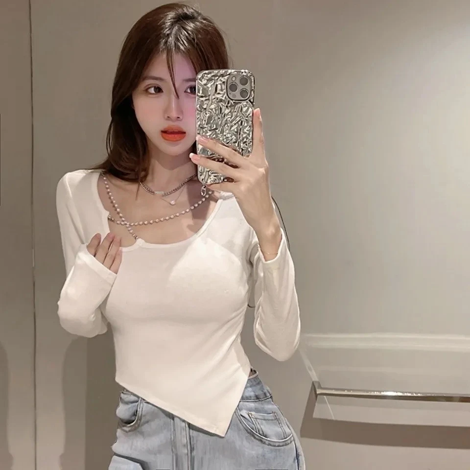不规则长袖T恤女秋季纯欲锁骨上衣紧身短款白色内搭打底衫