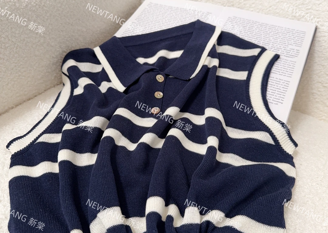 【翻领条纹】252时尚夏季显瘦翻领条纹背心