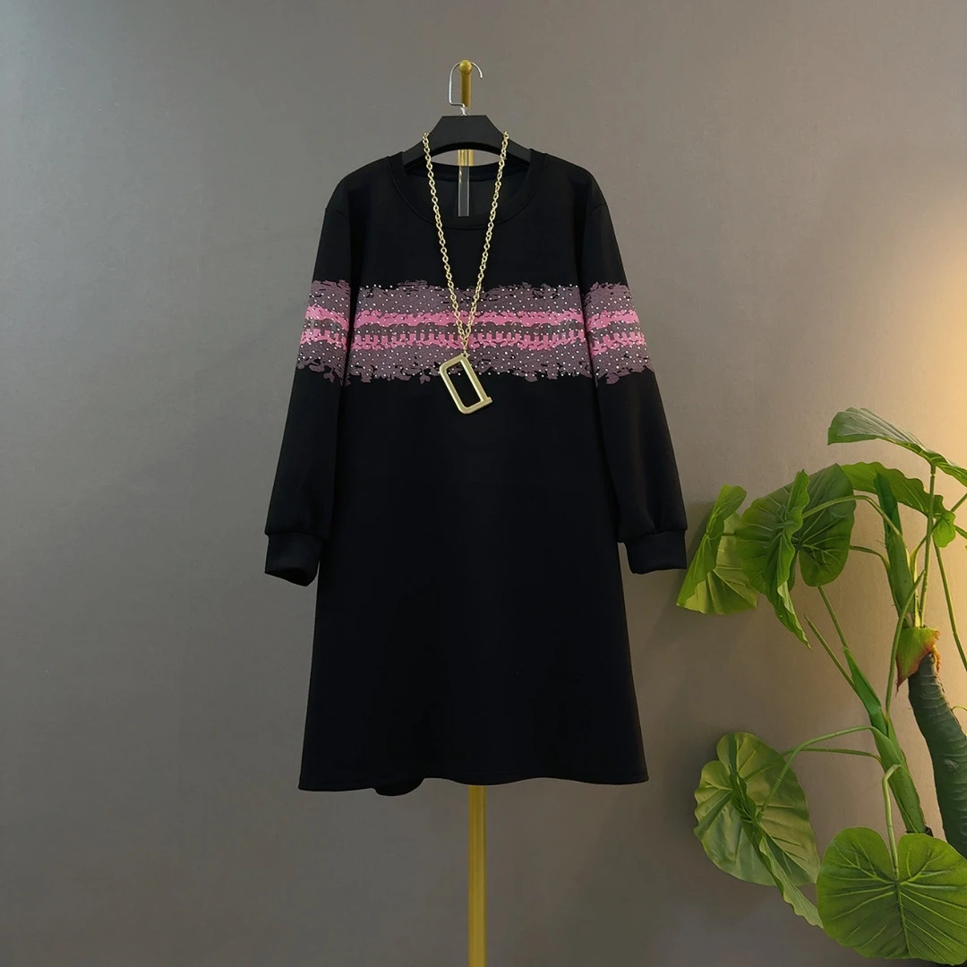 常规圆领成人春季印花大码连衣裙中长裙高腰A字裙