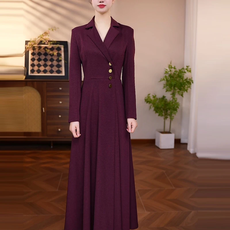 西装领长款收腰大摆连衣裙法式裙子显瘦秋冬春秋新款加厚时尚高级