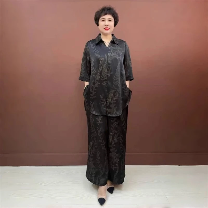 中年妈妈中长款时尚洋气宽松大码翻领衬衫气质阔腿裤两件套装