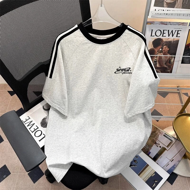 纯棉重磅短袖男款纯棉T恤夏季2025新款美式三条杠上衣半袖衣服男