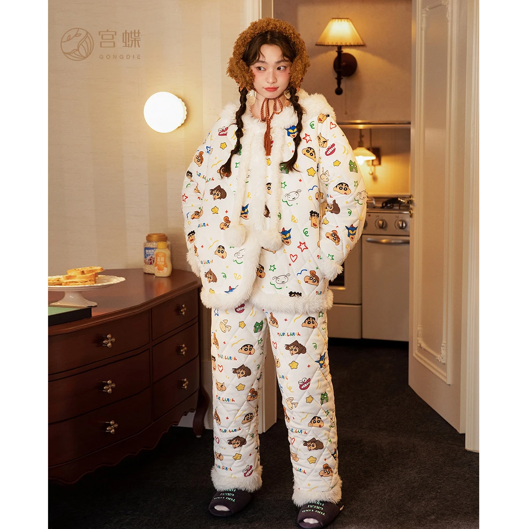 宫蝶【礼袋装】蜡笔小新秋冬夹棉睡衣女加厚海岛绒保暖卡通家居服