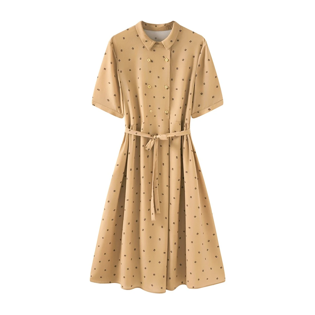 Childe Yao印花轻奢显瘦情书时尚气质休闲小翻领系带连衣裙A4171