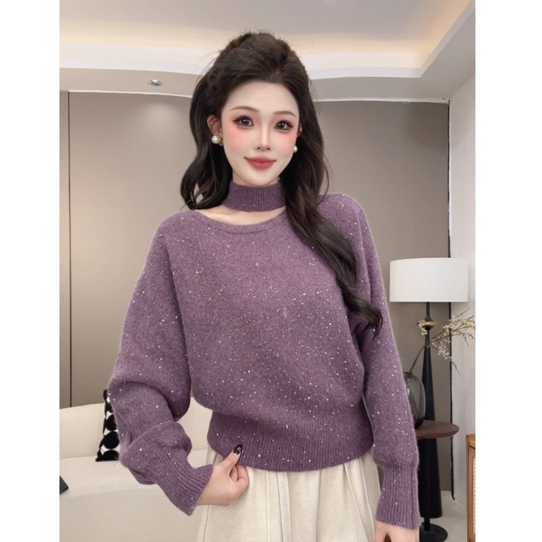 韩系氛围感挂脖V领细闪亮片针织衫2025秋冬新款圣诞新年红色毛衣