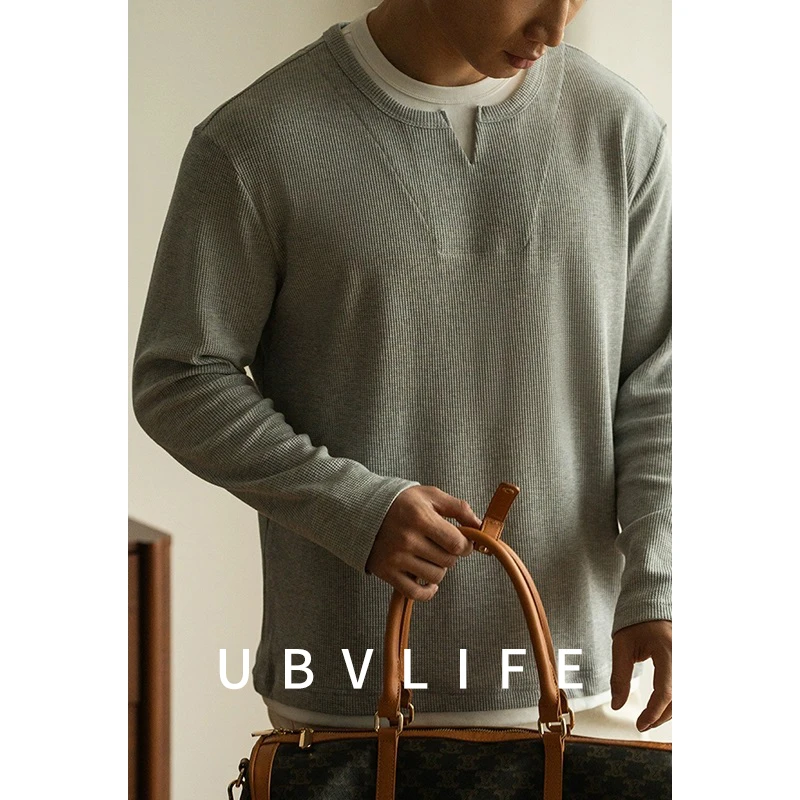 立体剪裁华夫格灰色假两件卫衣男士2025春季休闲打底衫长袖t恤