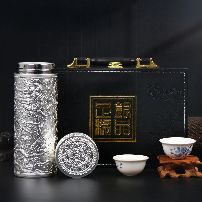 高档轻奢纯银内胆保温杯父亲节礼物送爸爸泡茶送长辈九龙百福水杯