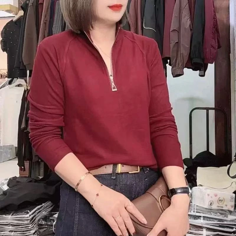 小鑫肝@现货浮力重工翻领带链插肩袖休闲百搭长袖T恤 5520