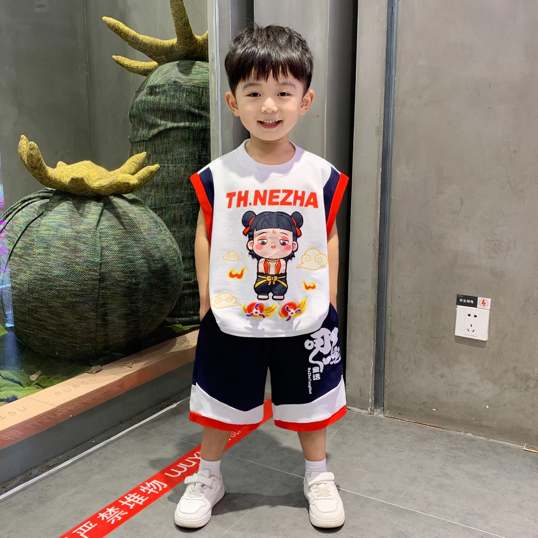 哪吒服装男童夏季套装2025新款中小童洋气无袖儿童卡通宝宝两件套