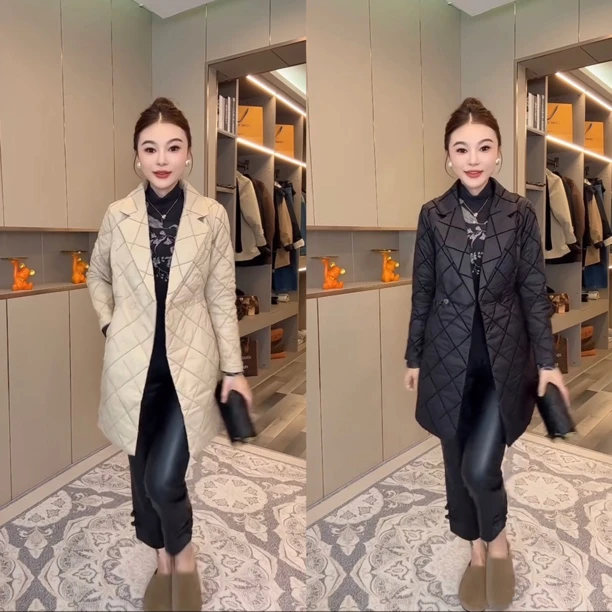 秋冬新款收腰显瘦菱形格薄款棉服外套保暖舒适