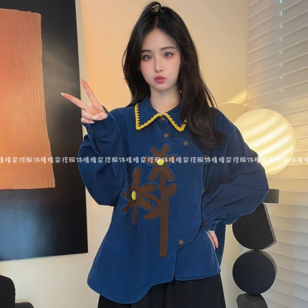 晴晴 “椰泰好看”高级感灯芯绒贴布刺绣不规则门襟小众长袖衬衫