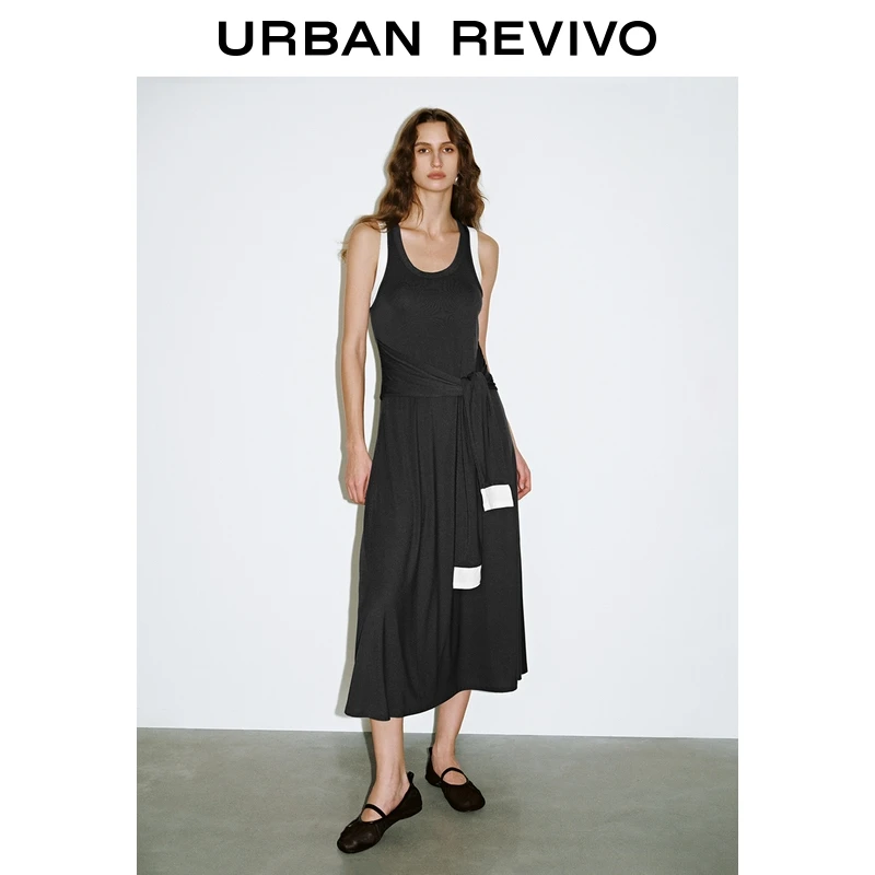 UR2025秋季新款女装潮流假两件撞色绑带修身连衣裙UWJ750088