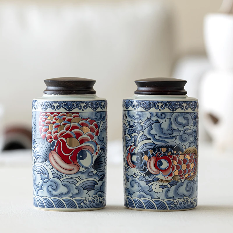 草木灰满彩青花龙鱼茶叶罐陶瓷密封罐茶仓防潮储物罐茶庄专用礼品
