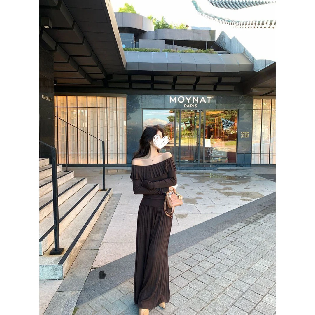 法式复古一字肩毛衣时尚套装女秋冬新款韩版显瘦褶皱阔腿裤两件套