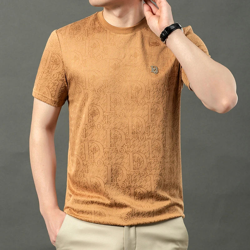 夏季新款时尚重工提花男士薄款休闲半袖潮流T恤宽松2526