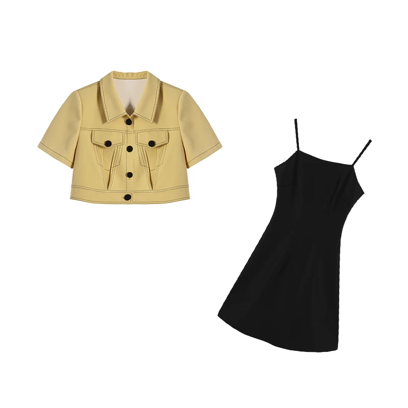 【五季家大码】显白气质休闲时尚黄色上衣+黑色吊带裙两件套ZL97120