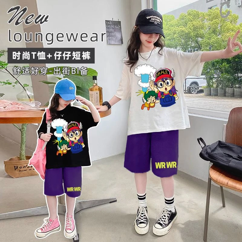 女童休闲卡通风纯棉短袖套装夏季新款儿童学生潮T恤五分裤两件套