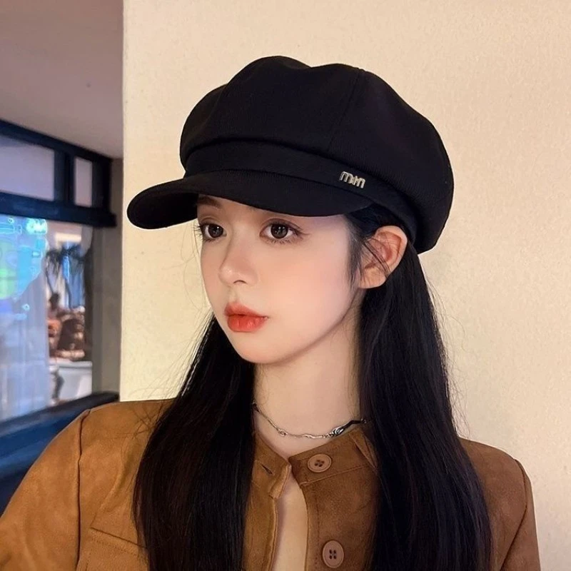 新款贝雷帽女秋冬显脸小鸭舌八角帽大头围法式复古黑色报童帽AHL
