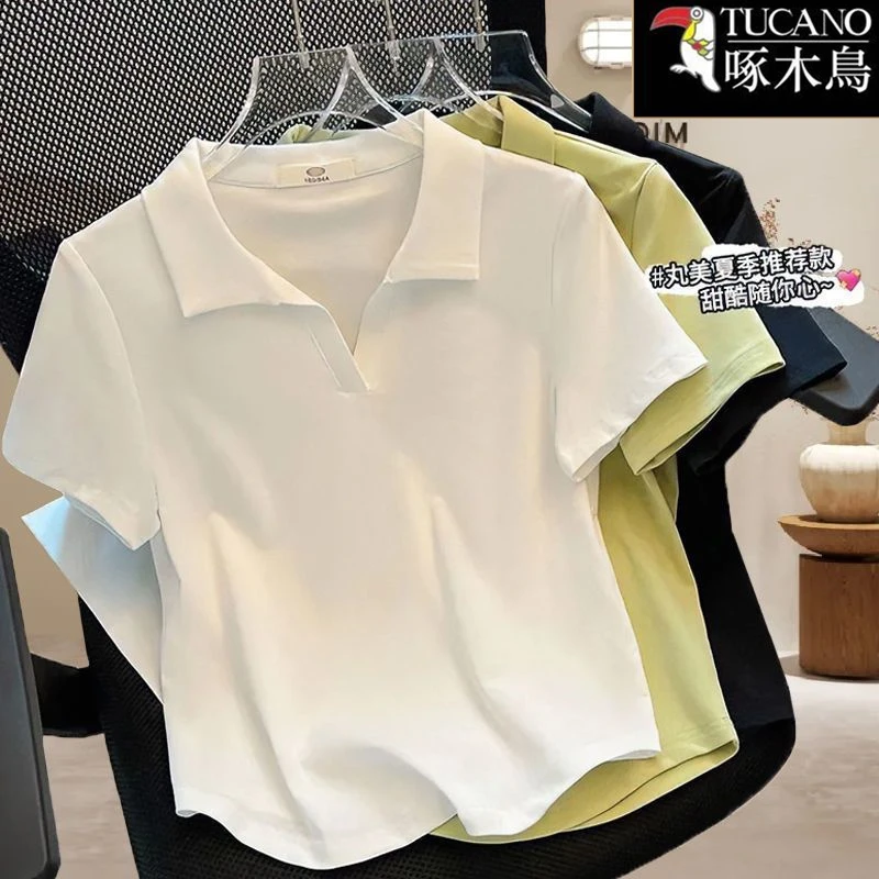 啄木鸟夏季短袖时尚减龄POLO领T恤2025年新款洋气修身显瘦上衣女