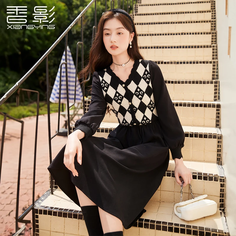 【丽公主】4097连衣裙 香影黑色v领连衣裙24新款法式针织