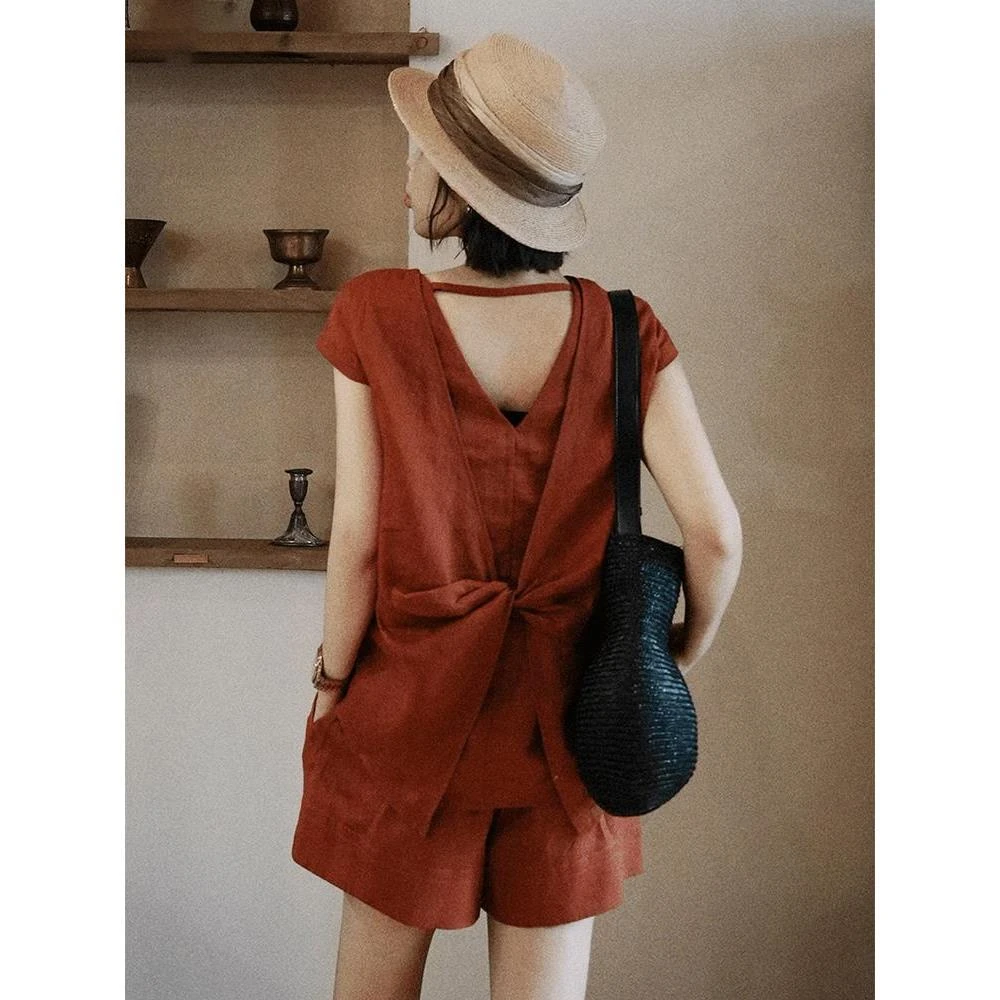 2025超火夏装一整套韩系松弛感洋气减龄苎麻亚麻橙色上衣短裤套装